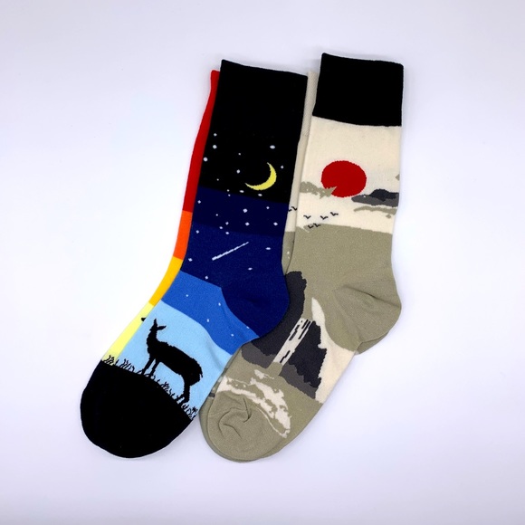 Two Pair Mismatched Outdoors Day Night Sun Moon Orange Blue Yellow Socks - Picture 5 of 5